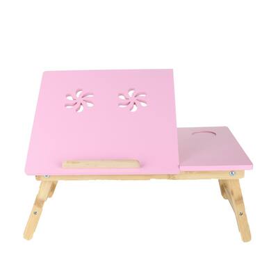 Bamboo Laptop Bed Tray with Drawer and Adjustable Top, Legs, Cooling Holes in Pink
