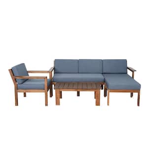 4 Pieces Acacia Wood Patio Conversation Set, Multi-person Sofa Set with A Small Table, with Gray Cushions for Garden