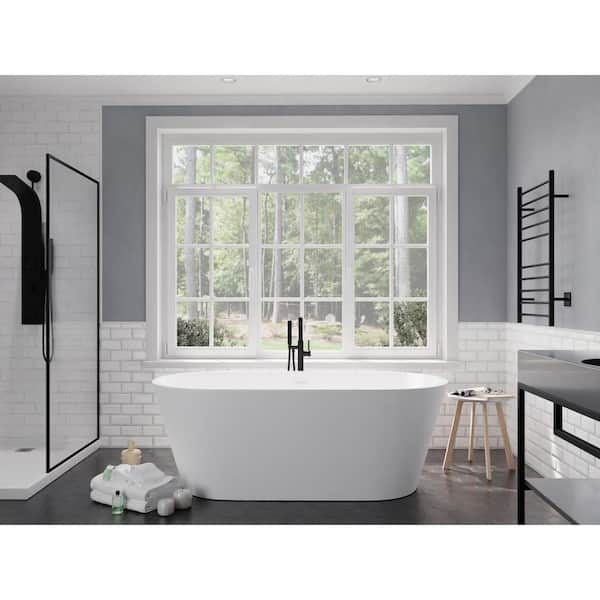 Roccia Series 61 in. x 31 in. Flat Bottom Solid Surface Freestanding Soaking Bathtub with Center Drain in Matte White