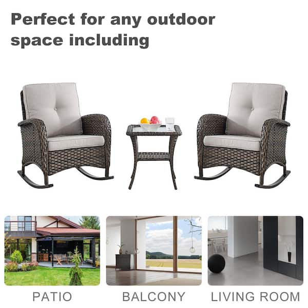 Rotavia 7-Piece Brown Wicker Outdoor Rectangular Fire Pit Table Patio Conversation Seating Set with Beige Cushions