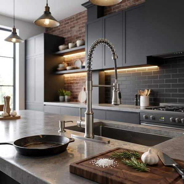 Spring Single Handle Pull Out Sprayer Kitchen Faucet Deckplate Included in Stainless Steel Brushed Nickel