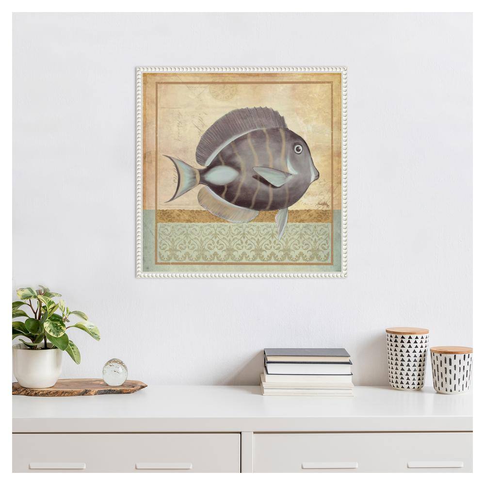 Vintage Fish II Coastal Canvas Wall Art with White Frame
