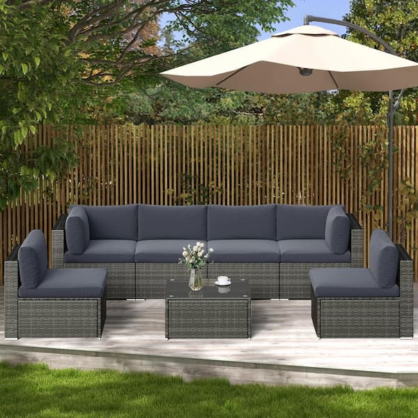 SUNVIVI Outdoor Dark Gray Frame 7-Piece Wicker Outdoor Sectional Set with Dark Gray Cushion