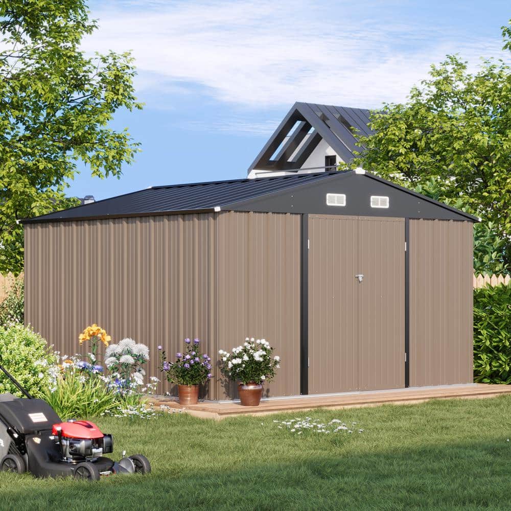 10' x 10' Brown Metal Storage Shed with Black Peak Roof