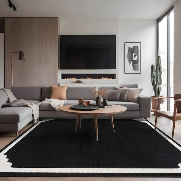 Hera Black 5 ft. x 7 ft. Rubber Back Washable Corner Bordered Indoor Outdoor Patio Area Rug