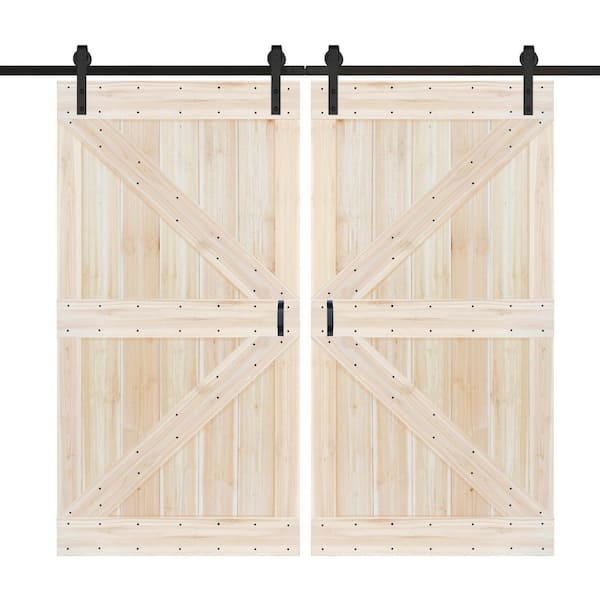 ISLIFE K Series 84 in. x 84 in. Unfinished Solid Wood Double Sliding Barn Door with Hardware Kit