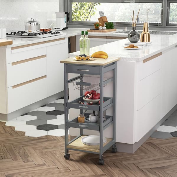 GQB 5-Shelf Mobile Kitchen Storage Rack in Gray with Slide-Out Baskets, Pull-Out Tray, Kitchen Island