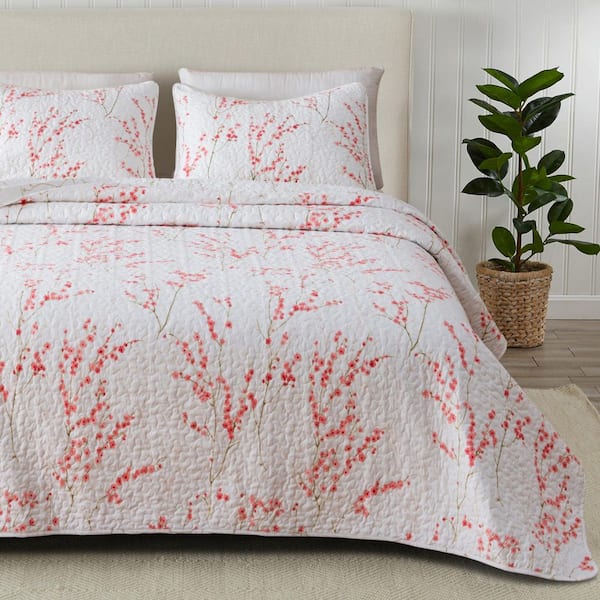 White Cherry Blossom Floral Microfiber Quilt Set Bedspread (2-or 3-Piece)
