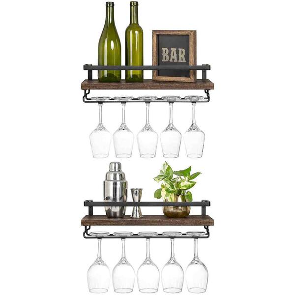 17 in. W x 6 in. D Floating Decorative Wall Shelf Set of 2 Wood Rustic Wine Bottle Glass Floating Shelves