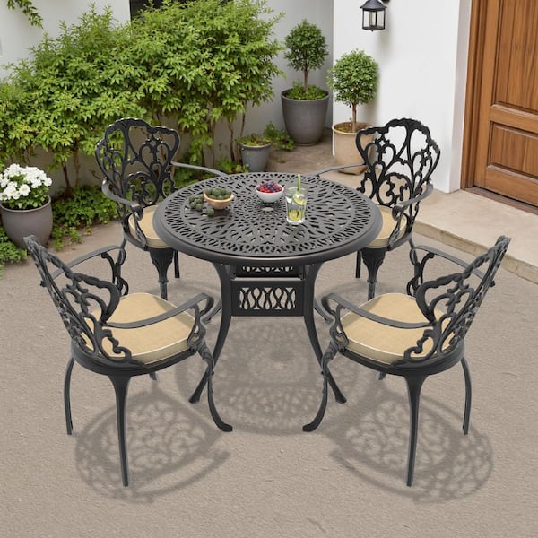 Willit Lily Black 5-Piece Cast Aluminum Outdoor Dining Set with Round Table and Dining Chairs with Off-white Cushion