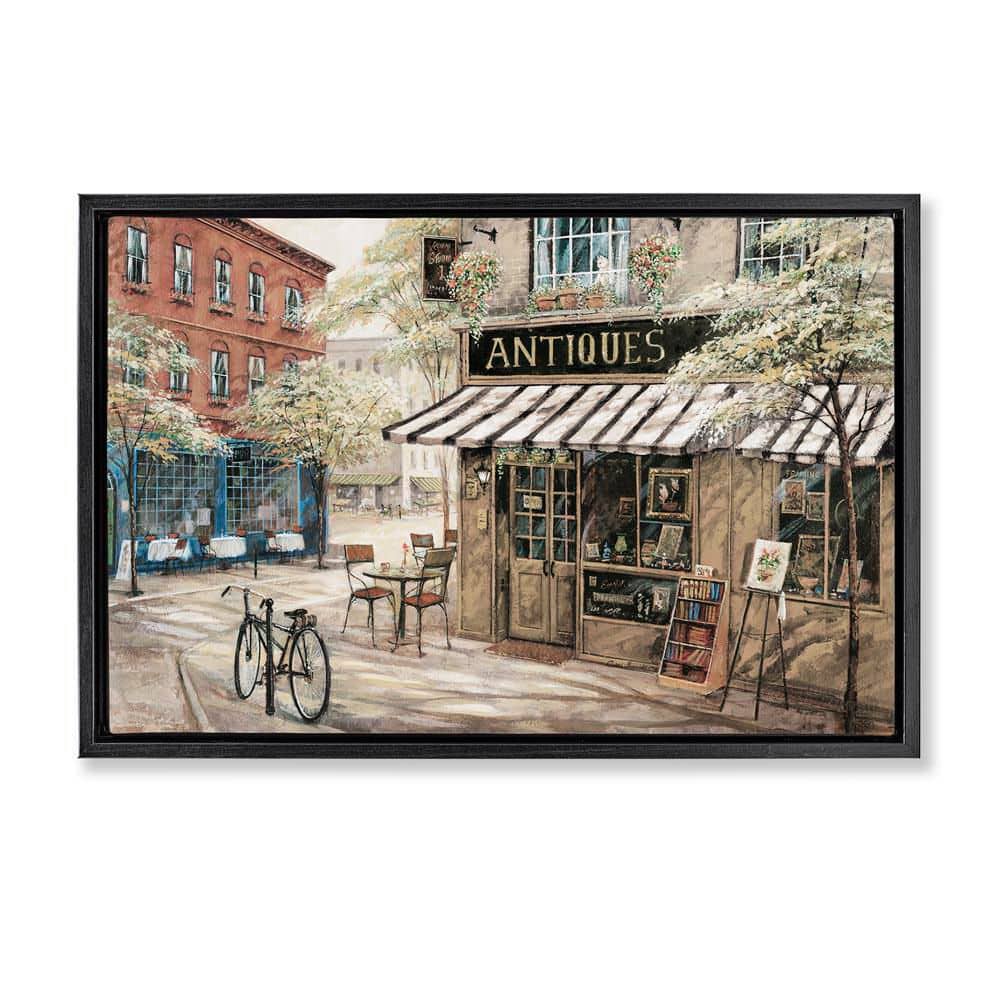 Cozy Town Antiques Shop by Ruane Manning Black Floater Frame Architecture Graphic Art Print 21 in. x 31 in. price history on PriceWatchPro