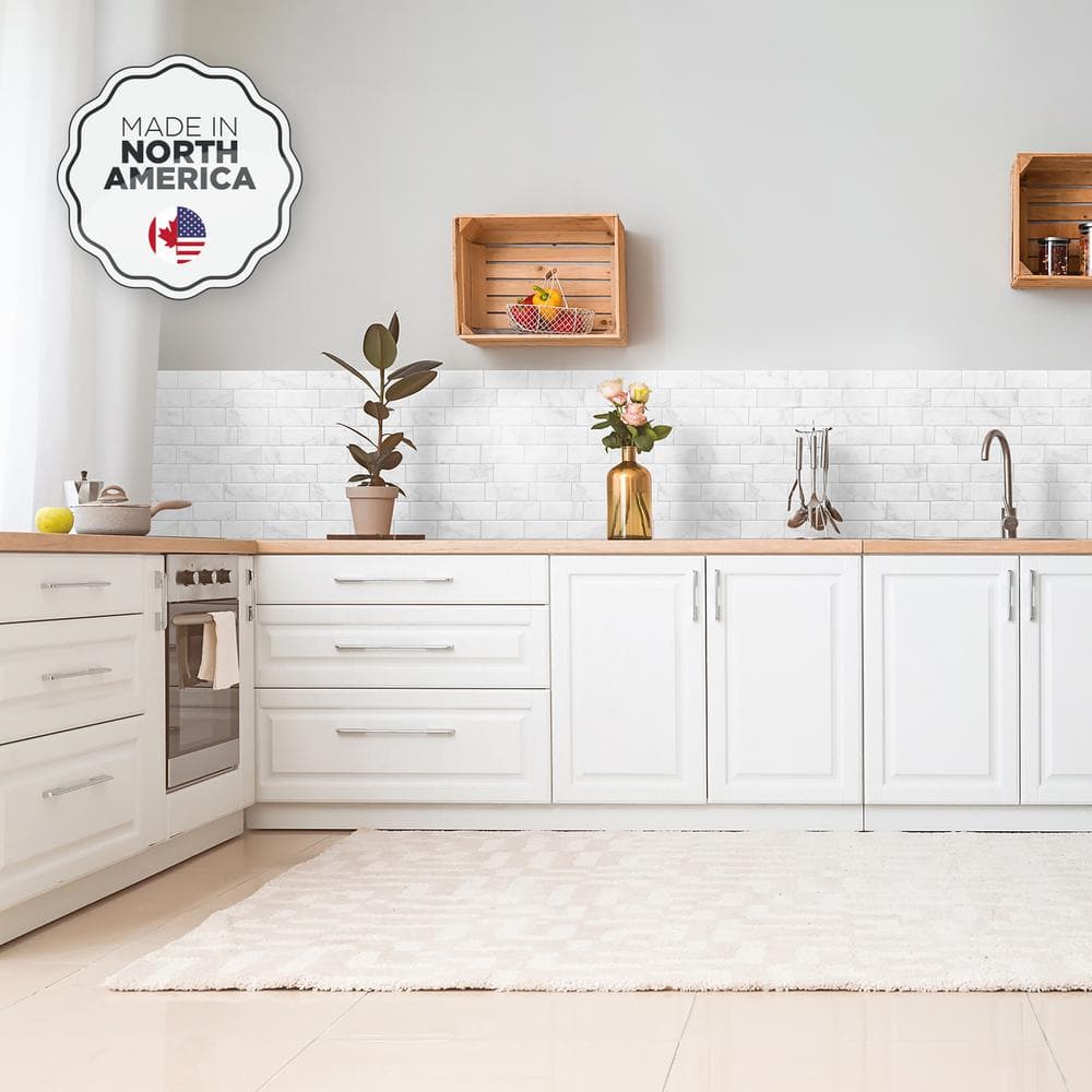 Metro Carrera White Marble Peel and Stick Backsplash Tiles