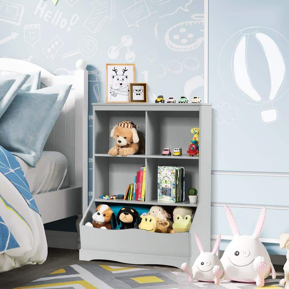 3-Shelf Kids Grey Wooden Multi-Functional Bookcase Floor Toy Storage Display - thumbnail 6