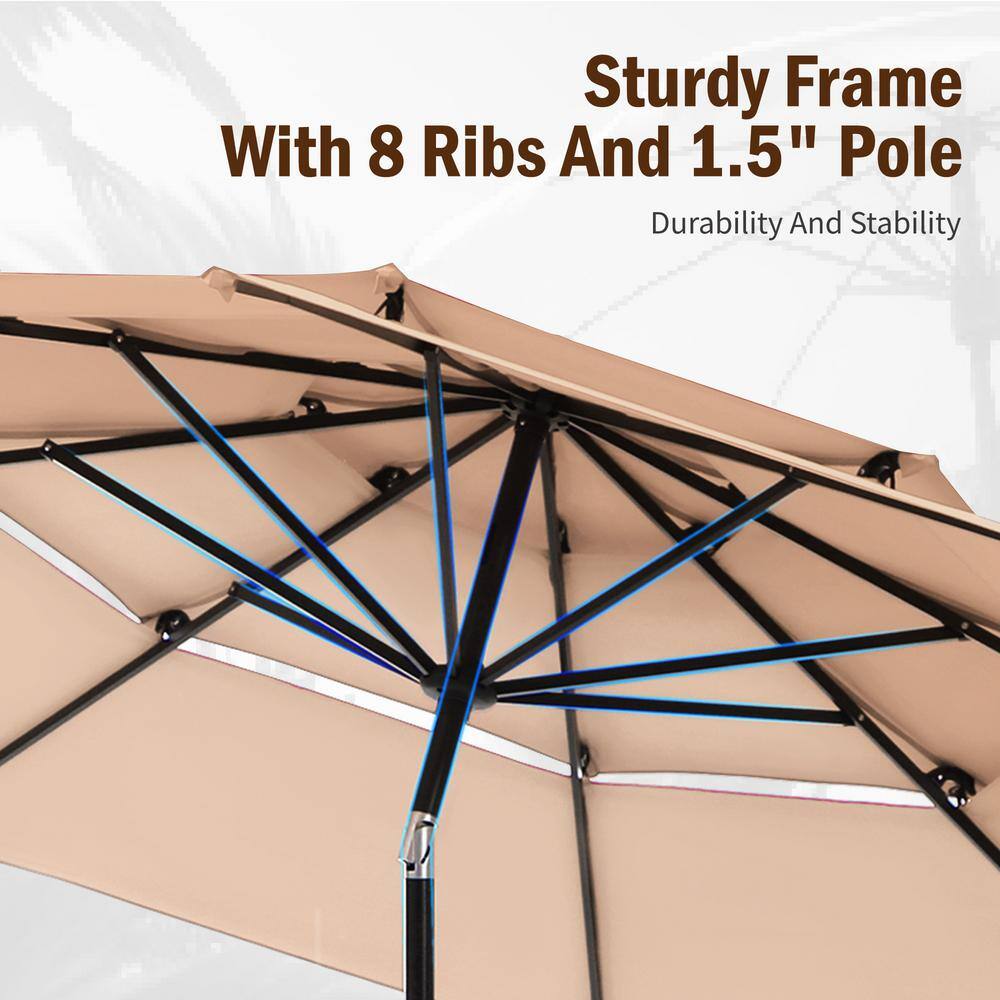 Underside view of the patio umbrella showing the 8-rib frame.