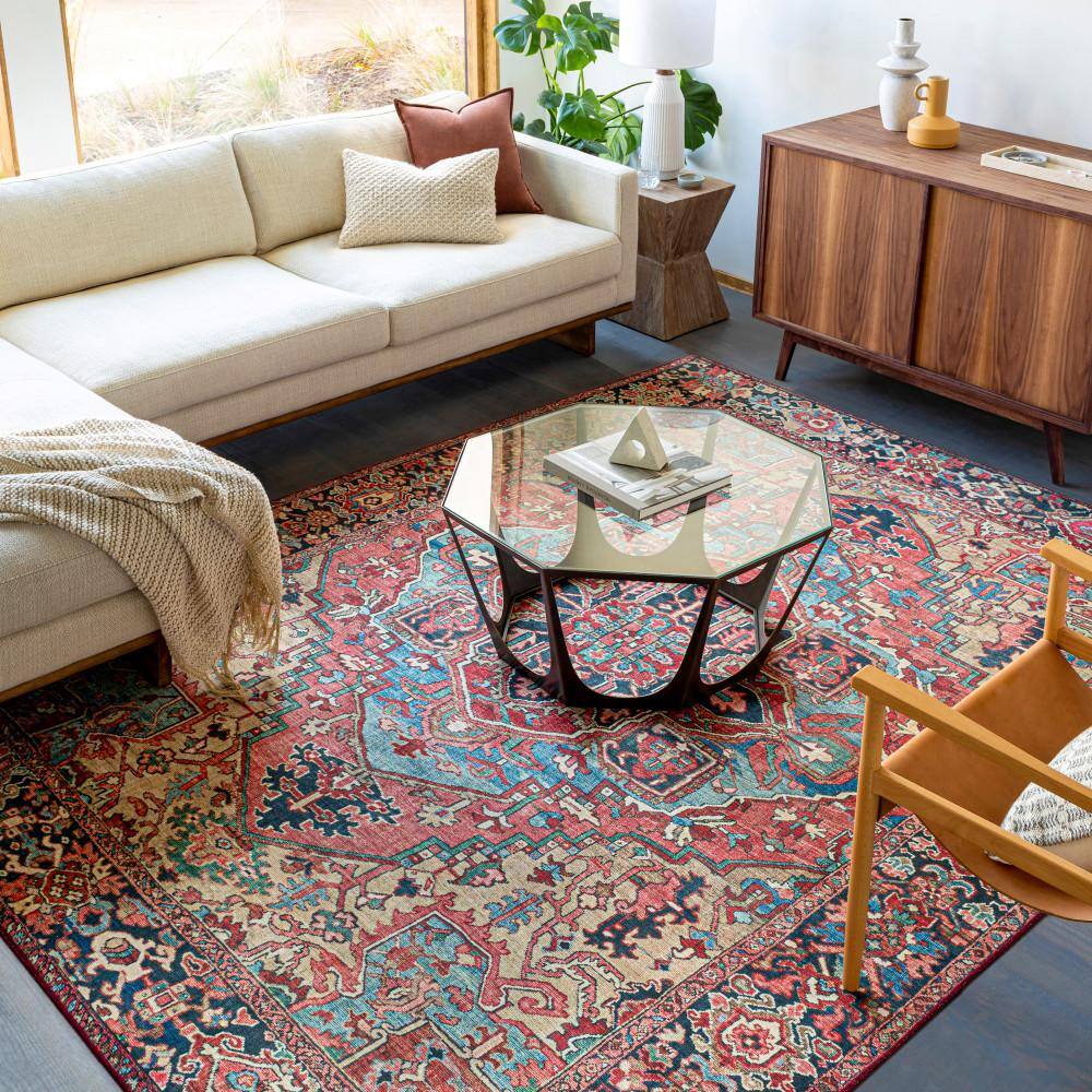 Bright Red and Blue Synthetic Vintage Rectangular Area Rug