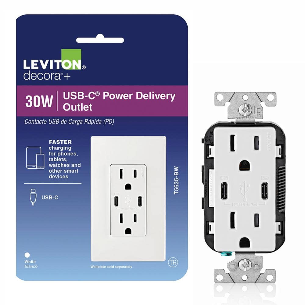 Leviton 15 amps 125V 5-15 R Duplex & Type C White Outlet & USB Charger  White