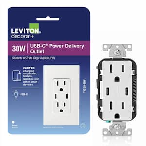 Decora 15 Amp Tamper Resistant Duplex Outlet with 30W USB-C Power Delivery Charger, White (1-Pack)