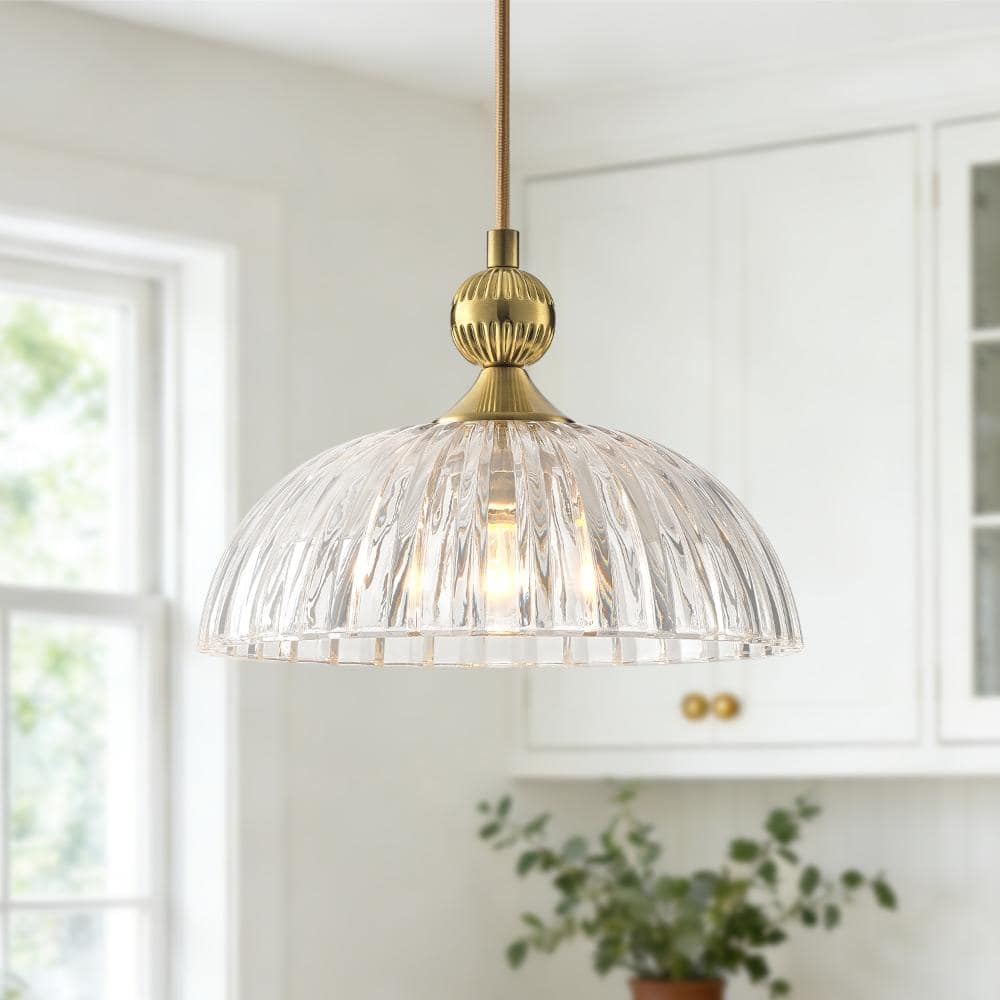 9.8 in. 1-light Modern Vintage Adjustable Gold Dome Pendant Light with Clear Ribbed Textured Glass for Kitchen Island price history on PriceWatchPro
