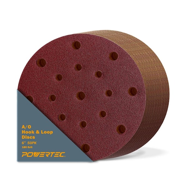 POWERTEC 150 mm 17 holes A/O Hook and Loop Disc 180-Grit E-Paper in Red (50-Pack)