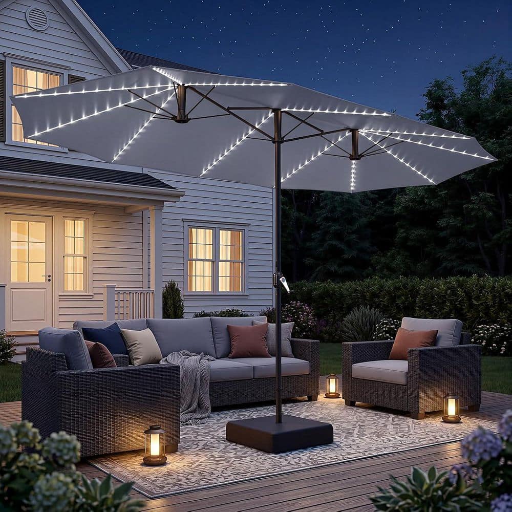 coral coast aluminum market solar lighted patio umbrella JONATHAN Y Coastal 2-Tone LED with 12 LED Strip Lights Constructed of weather and Uv resistant polyester canopy and steel frame Polytrends 10 Ft. Solar Power