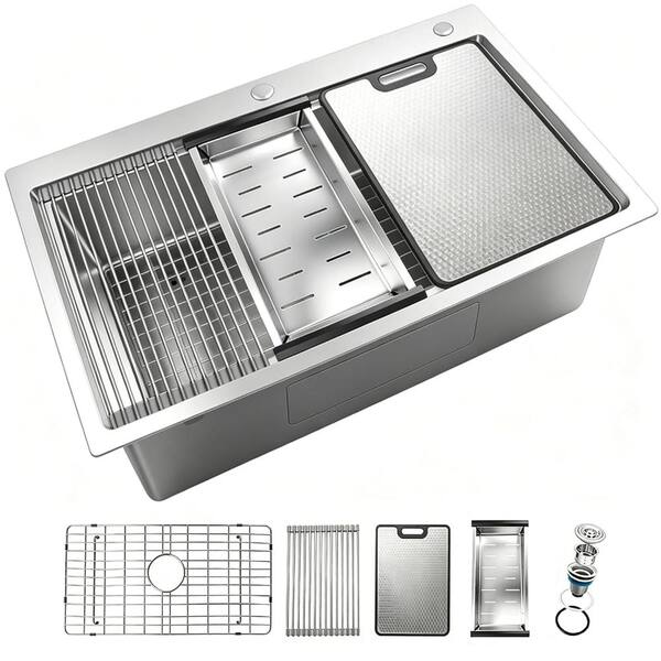 33 in. Drop-In Single Bowl 18-Gauge Brushed Stainless Steel Workstation Kitchen Sink Integrated Ledge