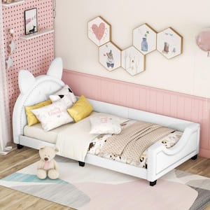 White Wood Twin Size Teddy Fleece Upholstered Daybed with Cartoon Ears Shaped Headboard, Nailhead Trim, Additional Legs