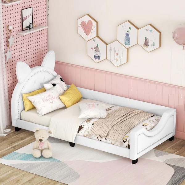 Harper & Bright Designs White Wood Twin Size Teddy Fleece Upholstered Daybed with Cartoon Ears Shaped Headboard, Nailhead Trim, Additional Legs