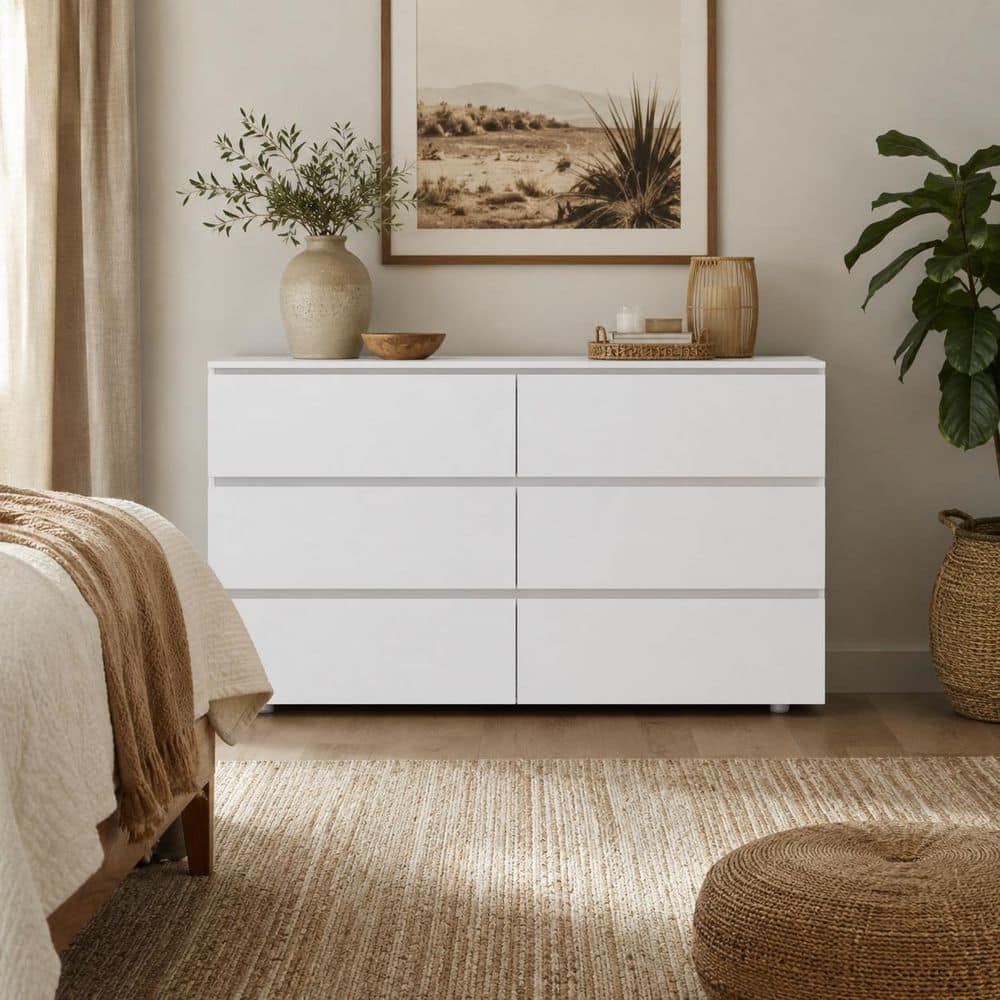 white 6 drawer dresser modern FUFU&GAGA 6-Drawers White Wood Chest of Drawer Dresser Cabinet Organizer 59 in. W x 15.7 in. D x 32.3 in. H