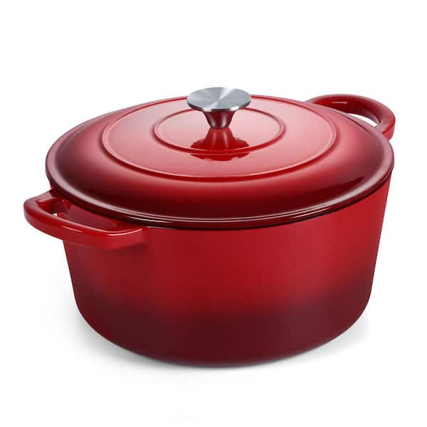 Sauce Pans 7 qt. Enameled Cast Iron Round Dutch Oven with Lid Red Finish Oven Safe Induction Compatible