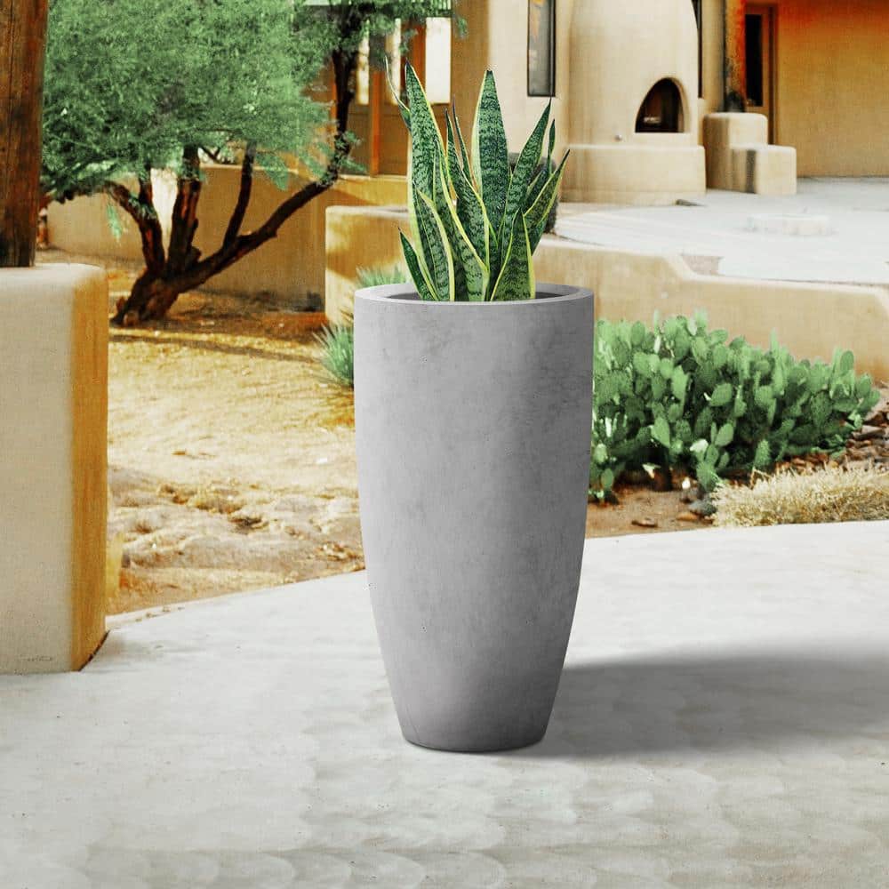 Tall Gray Concrete Indoor/Outdoor Planter with Drainage Holes