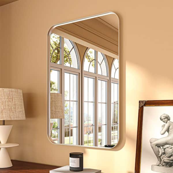 ORGANNICE 32 in. W x 24 in. H Rectangular Aluminum Framed Modern Silver Rounded Wall Mirror