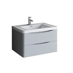 Tuscany 32 in. Modern Wall Hung Vanity in Glossy Gray with Vanity Top in White with White Basin