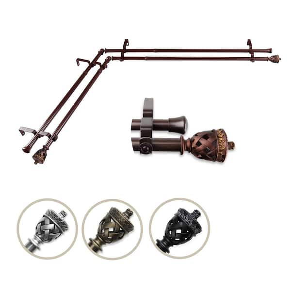 Rod Desyne 13/16" Dia Adjustable 120" to 170" Double Corner Window Curtain Rod in Cocoa with Arielle Finials