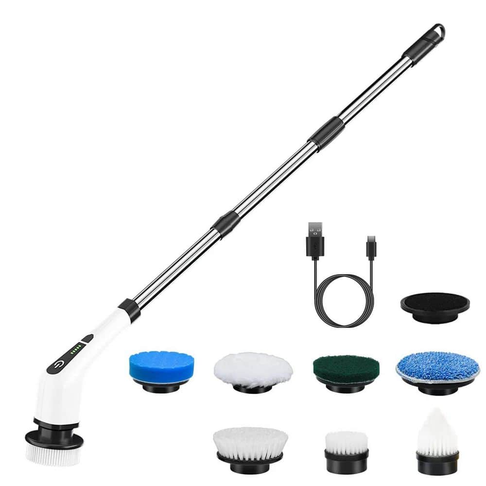 Electric Spin Scrubber Cordless Cleaning Brush Extendable with 8 Replaceabl