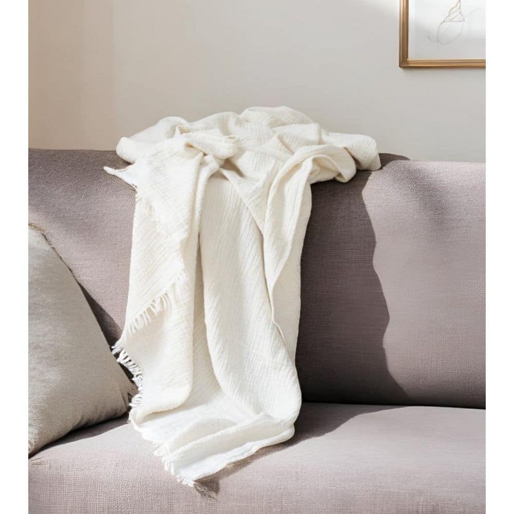 Cream Cotton Blend Boucle Throw with Fringe