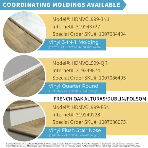 French Oak Alturas/Dublin/Folsom 0.944 in. Thickness X 4.527 in. Width X 94.48 in. Length Vinyl Flush Stair Nose Molding French Oak Alturas/Dublin/Folsom 0.944 in. Thickness X 4.527 in. Width X 94.48 in. Length Vinyl Flush Stair Nose Molding