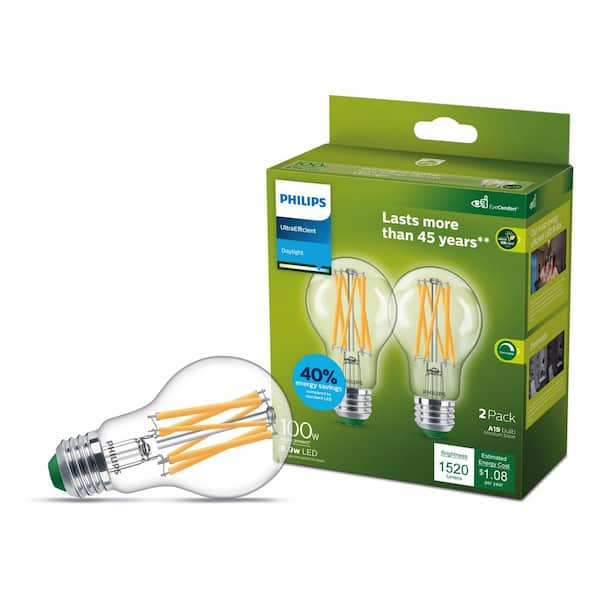 100-Watt Equivalent A19 Ultra Efficient Clear LED Light Bulb 5000K 2-Pack