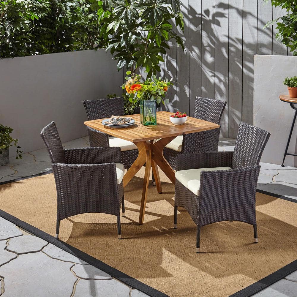 Montserrat Multi-Brown 5-Piece Wood and Faux Rattan Outdoor Dining Set with Beige Cushions -  Noble House, 42861