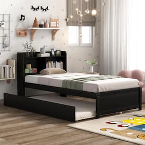 Espresso Brown Wood Frame Twin Size Platform Bed with Trundle and Bookcase