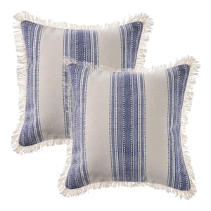 Seaside Blue / Ivory Striped Fringed Hand-Woven 18 in. x 18 in. Throw Pillow Set of 2