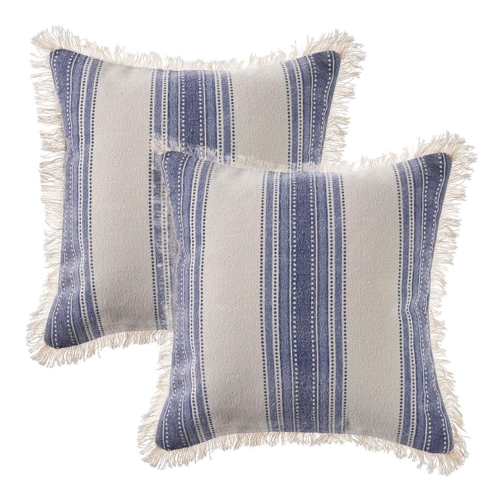 Seaside Blue/Ivory Striped Fringed Hand-Woven 18 in. x 18 in. Indoor Throw 