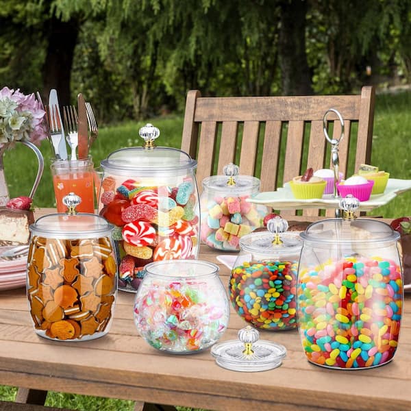 6 Piece Clear Plastic Candy Cookie Jar with Lids Decorative Jars Candy Buffet Containers Airtight Food Storage Canister
