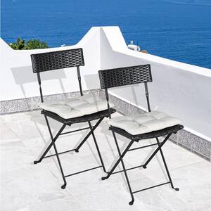 Black Wicker Outdoor Bistro Set Folding Chair with Beige Cushions (2-Piece)