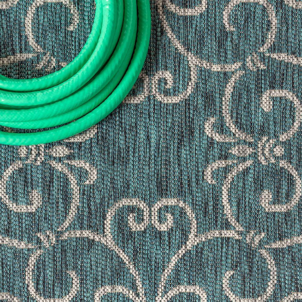Teal & Gray Vintage Boho-Chic Filigree 9'x12' Indoor/Outdoor Rug