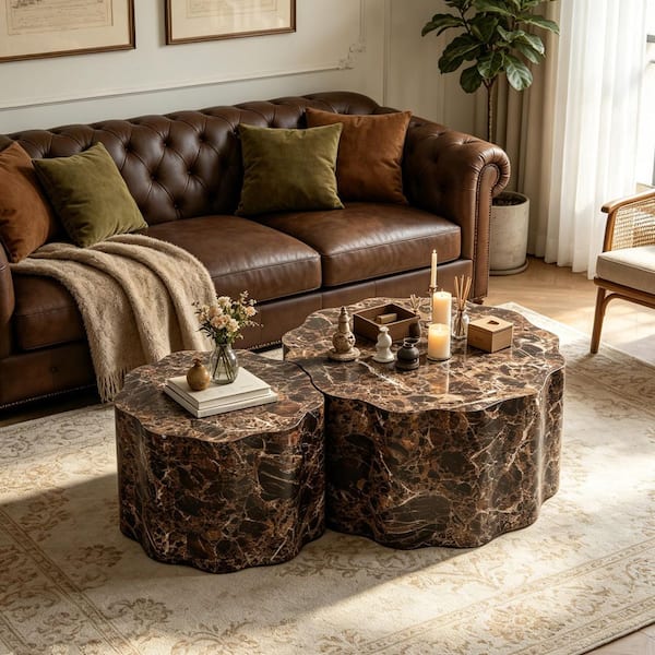 26.7 in. and 23.6 in. Brown Round MDF Coffee Table Set with Faux Marble Top (Set of 2)