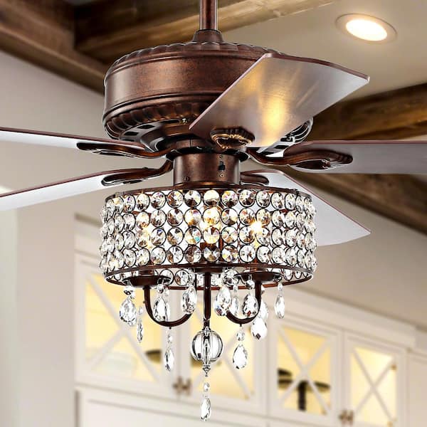 JONATHAN Y Becky 52 in. Oil Rubbed Bronze 3-Light Crystal LED Chandelier Ceiling Fan with Light and Remote