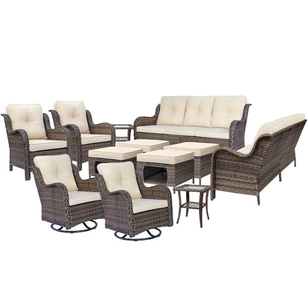 Brown 12-Piece Rattan Patio Conversation Set Lounge Sofa Chairs Swivel Rockers Ottomans Side Table with Beige Cushions