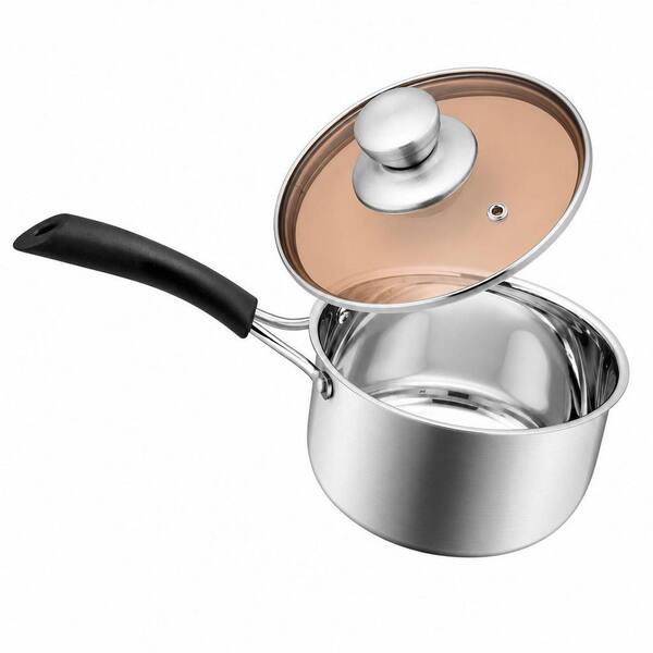 1 qt. 18/10 Stainless Steel Sauce Pans with Glass Lid, Extra Pan Wall and Heat-proof Bakelite Handle, Dishwasher Safe