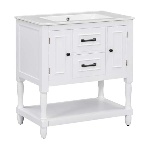 Zeus & Ruta 30 in. W. x 18.3 in. D x 32.5 in. H Freestanding Bath Vanity in White with White Ceramic Top with 2 Doors and 2 Drawers