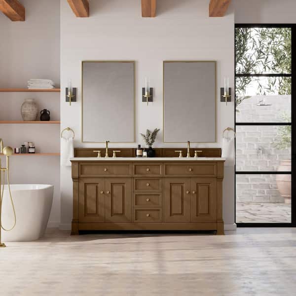 Brookfield 72.0 in. Double Bath Vanity in Honey Oak with Wireless Charging Victorian Silver Quartz Top